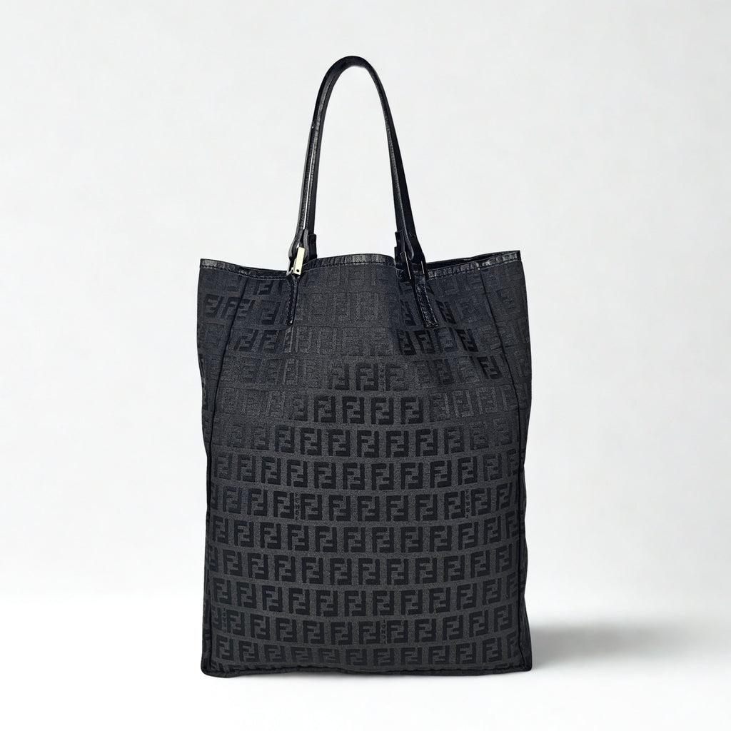Fendi Tote Bag Vintage Zucchino in tela e pelle nera
