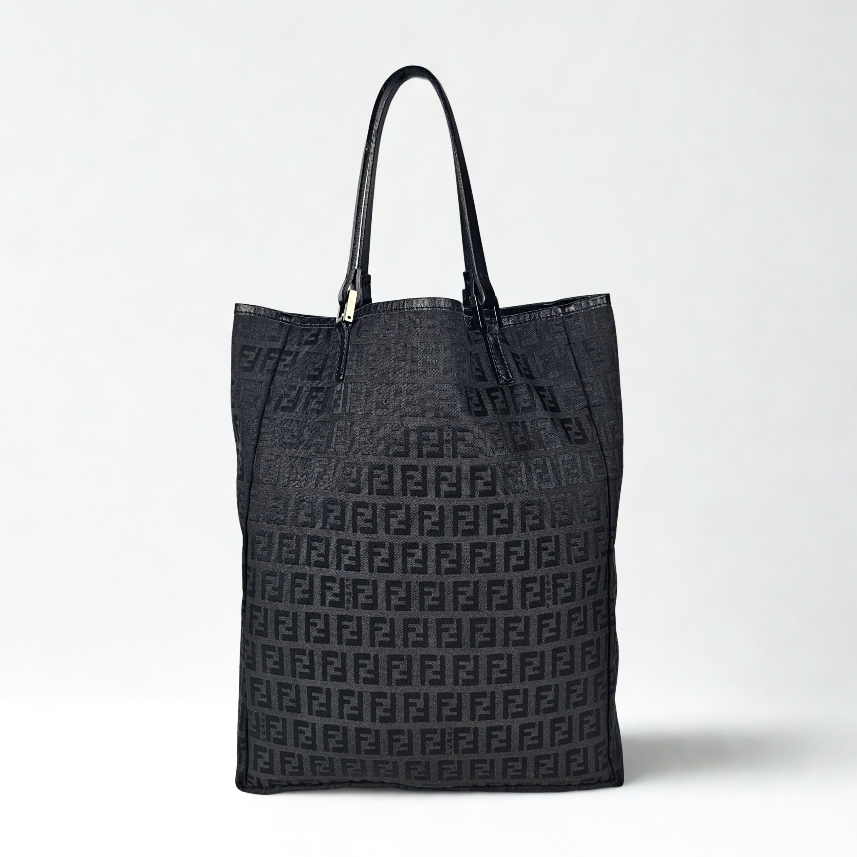 Fendi Tote Bag Vintage Zucchino in tela e pelle nera