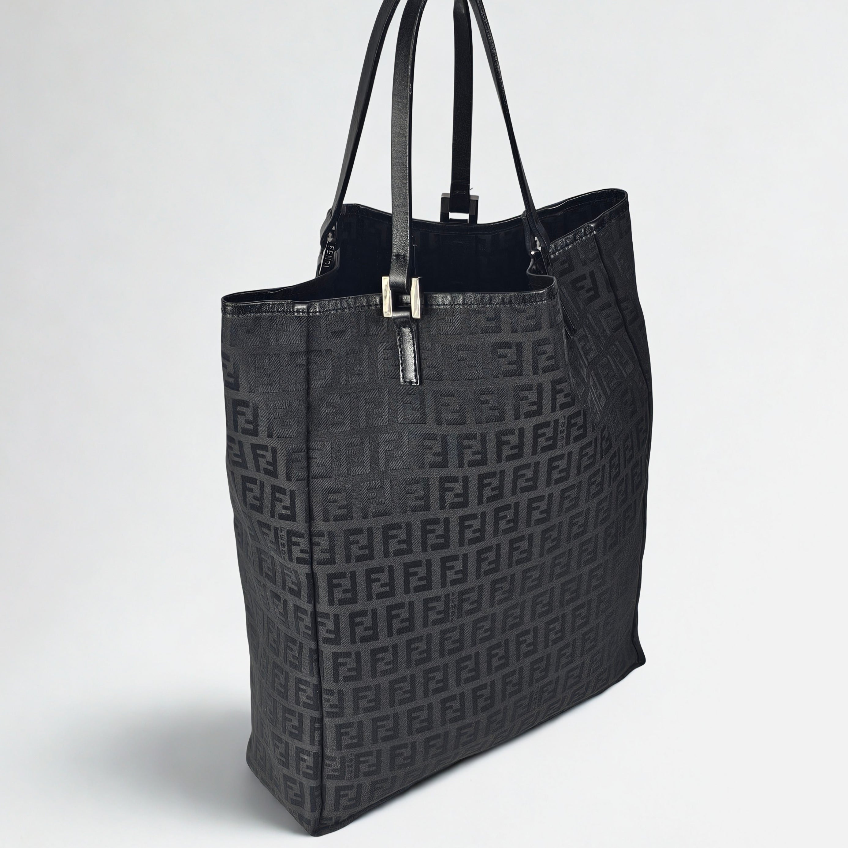 Fendi Tote Bag Vintage Zucchino in tela e pelle nera