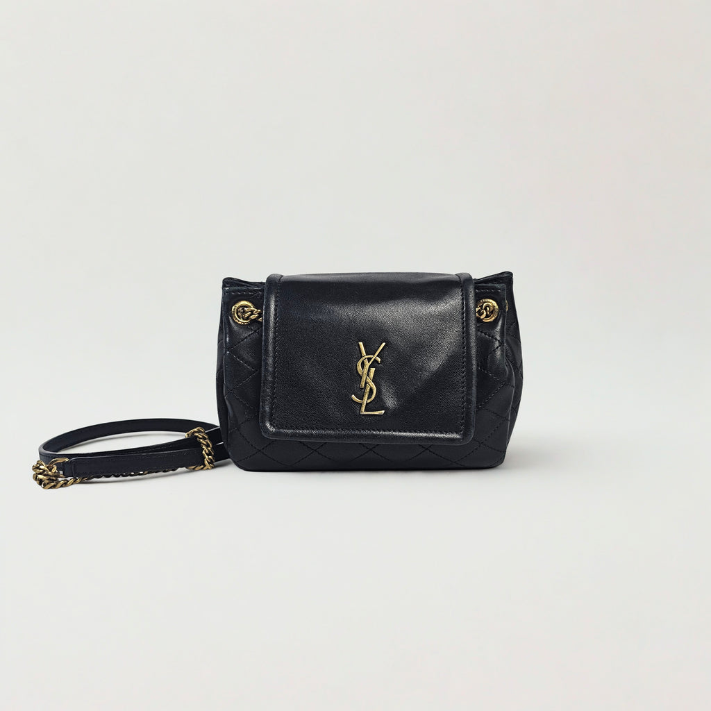 Saint Laurent Mini Nolita in pelle nera trapuntata con finiture oro